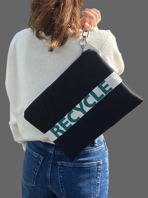 Black  scuba pouch with 'Recycle' and 'Reuse' texts