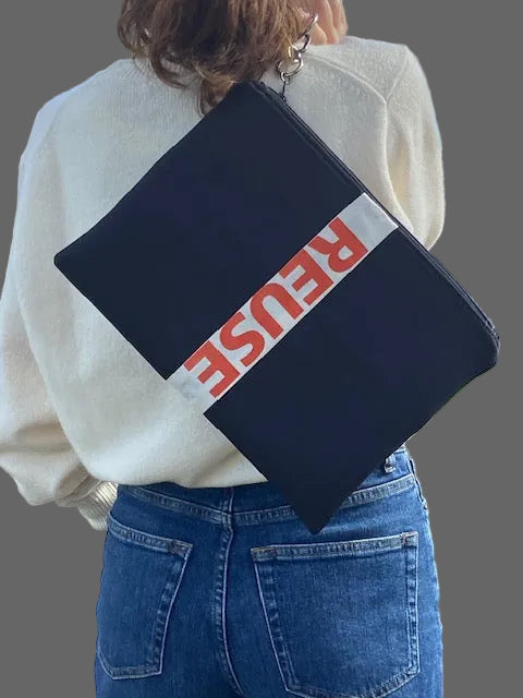 Black scuba pouch with 'Reuse' and 'Recycle' texts