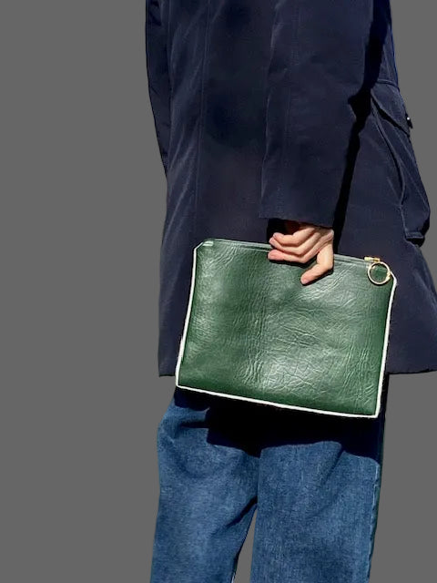 Double faced wool/ green faux leather clutch bag