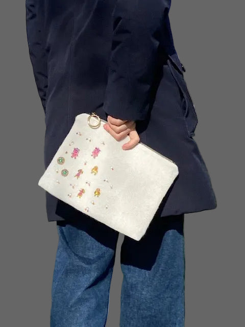 Double faced wool/ green faux leather clutch bag