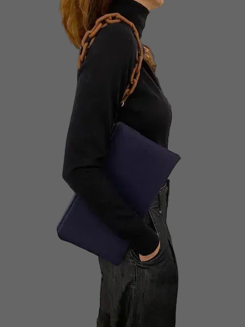 Double faced navy blue/brown clutch bag with a chain holder