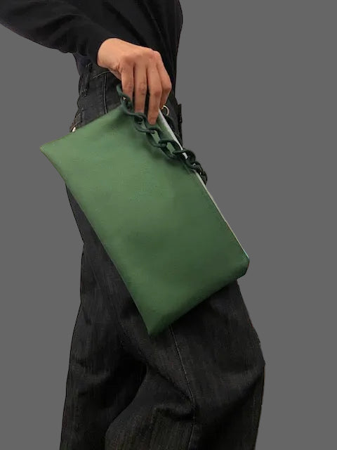 Double faced green/blue clutch bag with a chain holder