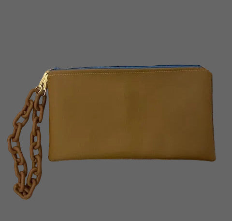 Double faced navy blue/brown clutch bag with chain holder