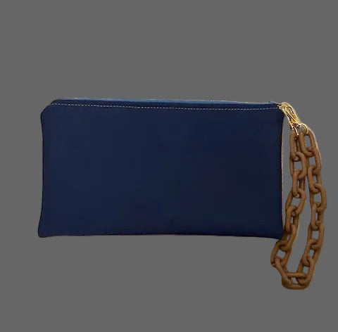 Double faced navy blue / brown clutch bag with a chain holder