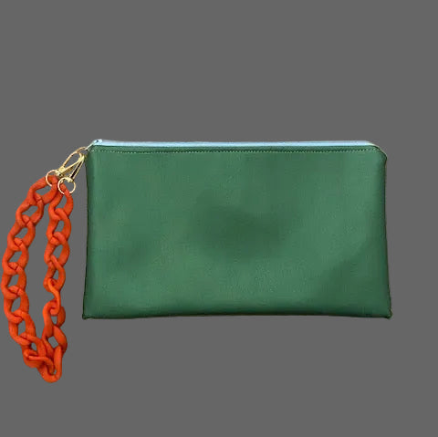 Double faced green/baby pink clutch bag with a chain holder