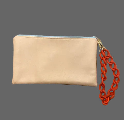 Double faced baby pink/green clutch bag with a chain holder