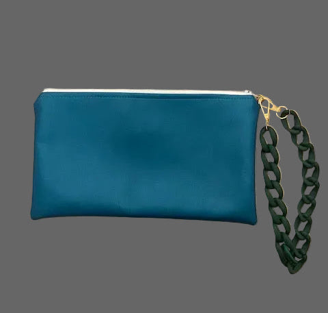 Double faced blue/green clutch bag with a chain holder