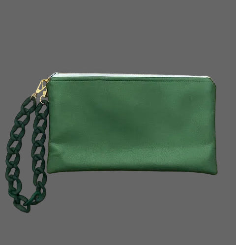 Double faced green/ blue clutch bag with a chain holder