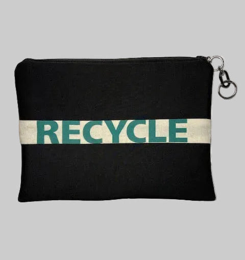 Black scuba pouch with 'Recycle' and 'Reuse' texts