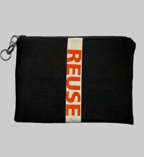 Black scuba pouch with a 'Reuse' and 'Recycle' texts