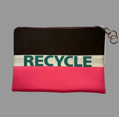 Brown and pink  scuba clutch bag with 'Recycle' text 