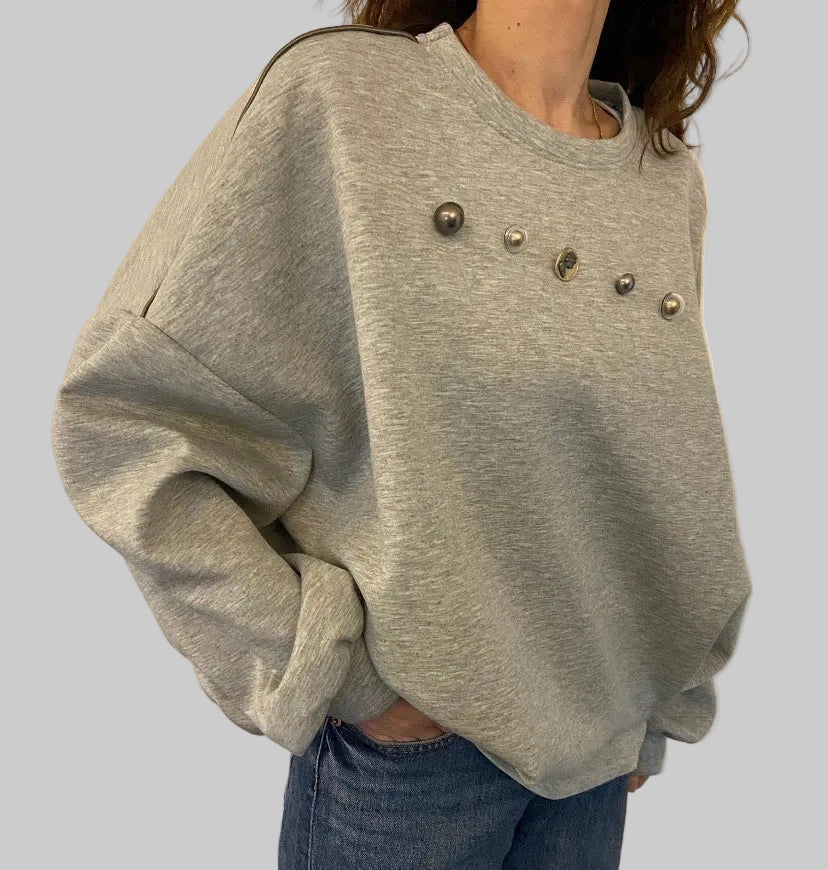 Light grey viscose sweatshirt with designed buttons