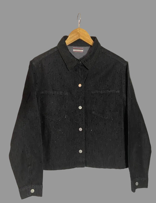 Charcoal denim shirt with rhinestones and designed collar