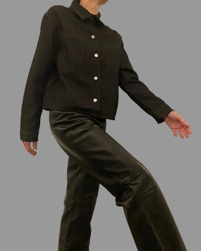 Charcoal denim shirt with rhinestones and designed collar