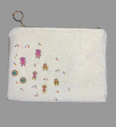 Double faced wool/green faux leather clutch bag