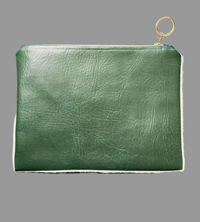 Double faced wool/ green faux leather clutch bag