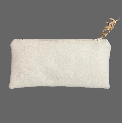 White faux leather pouch with a gold animal print charm