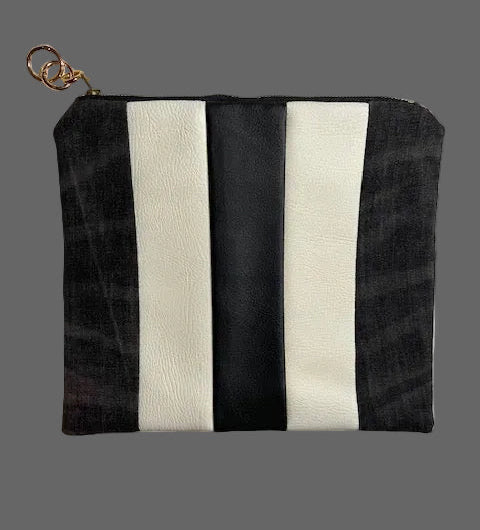 Black, white  and grey denim striped pouch with gold zipper